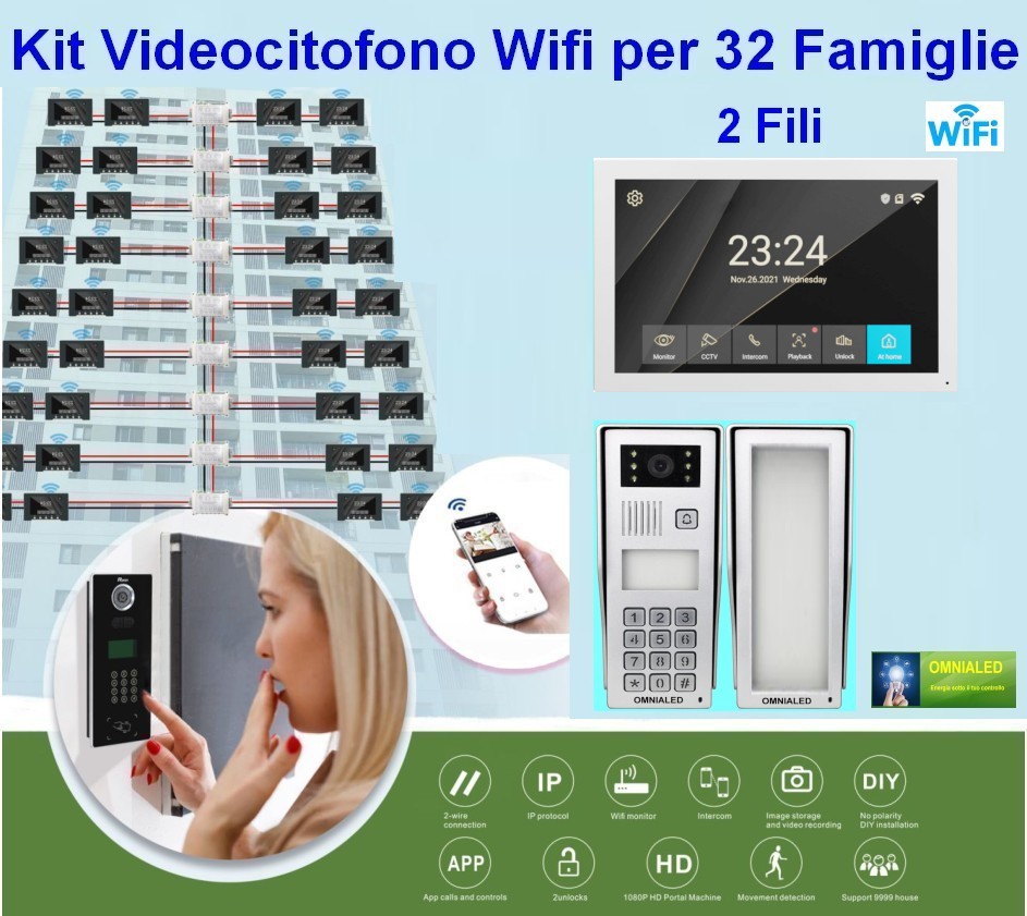 Kit Videocitofono Wifi per 32 Appartamenti 2 fili